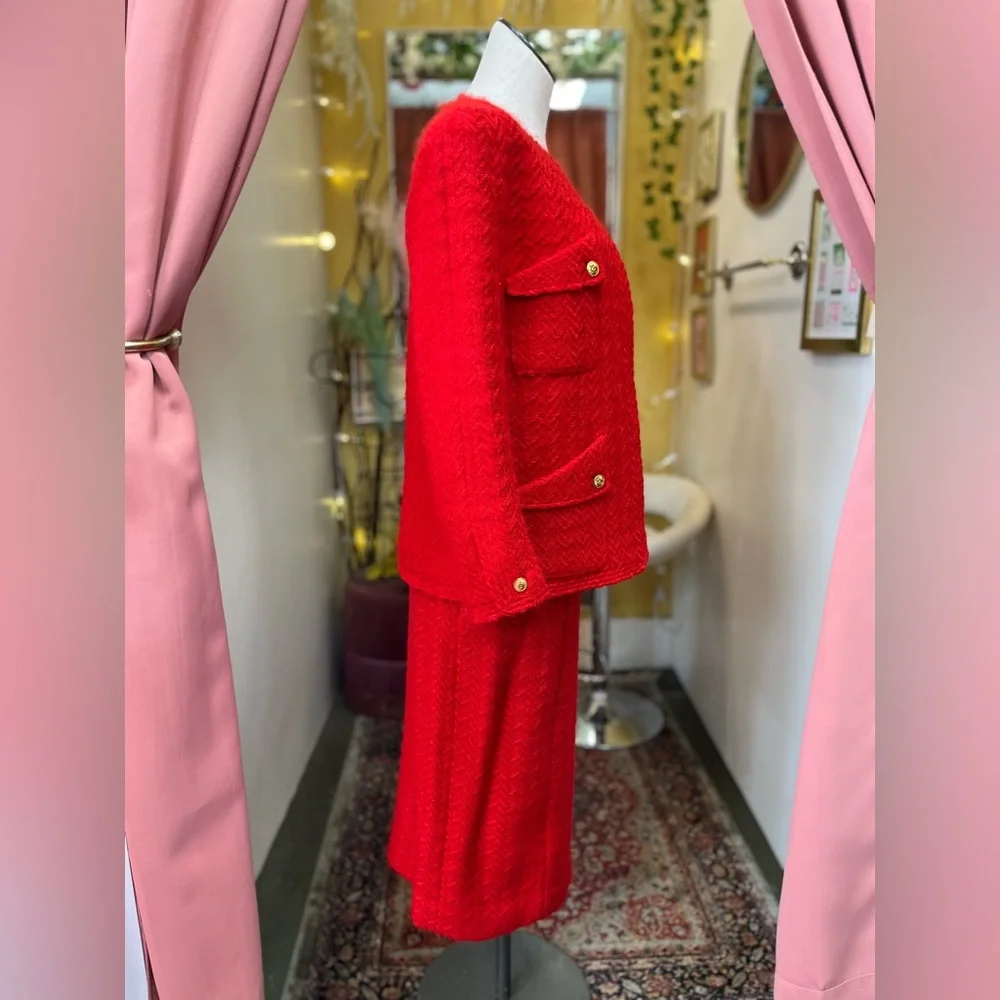 Vintage Chanel Boutique Red Herringbone Wool Suit Jacket and Skirt Set / Size 40